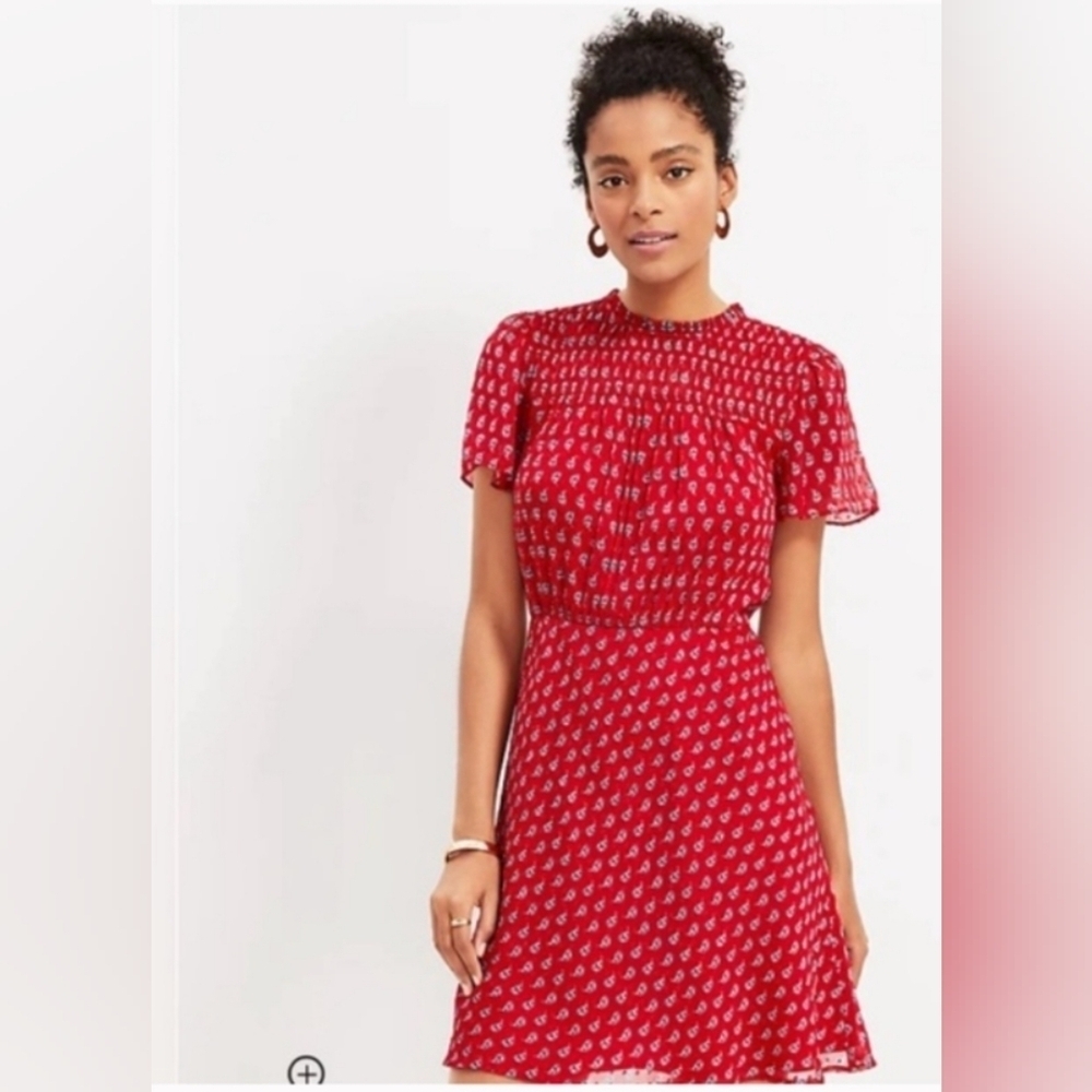 LOFT Paisley Mini Dress, Color Red/White Size 8 - Picture 1 of 16